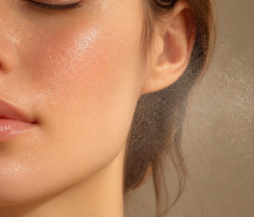 Close-up of dewy skin with an ultra-fine nano mist settling evenly on the surface